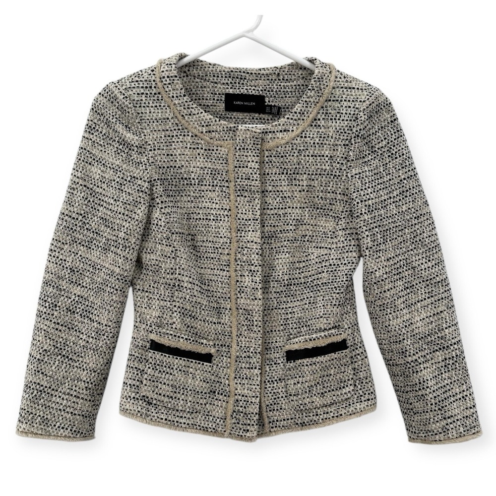 Karen Millen Tweed Blazer‎ Womens Size 2  Short Crop Cotton Blend Jacket Suit